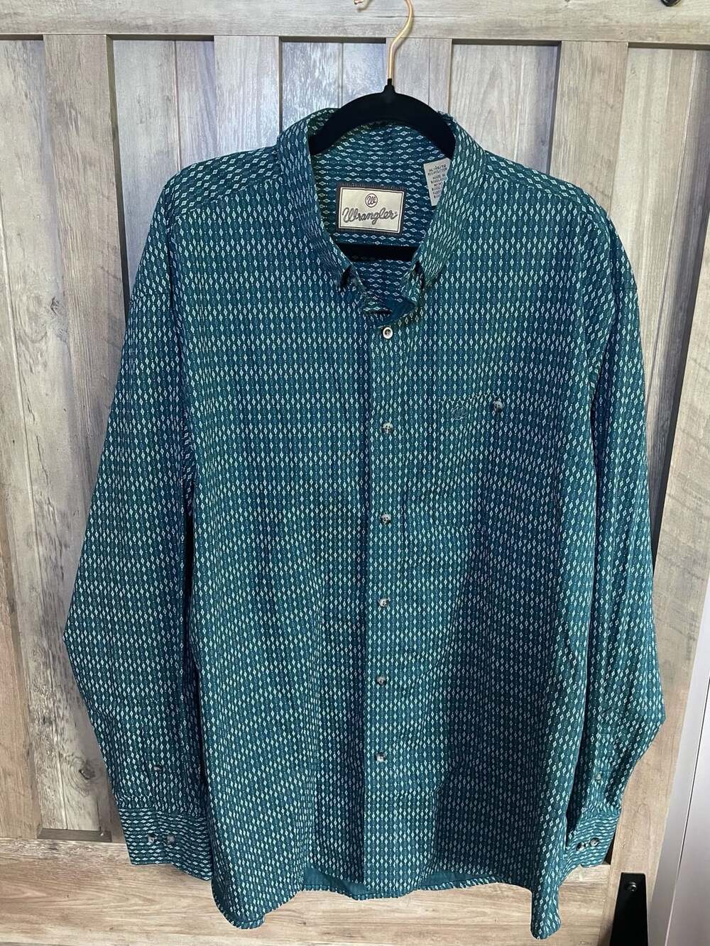 Wrangler Men's Long Sleeve Button Down Shirt Teal Geometric Print Size XL